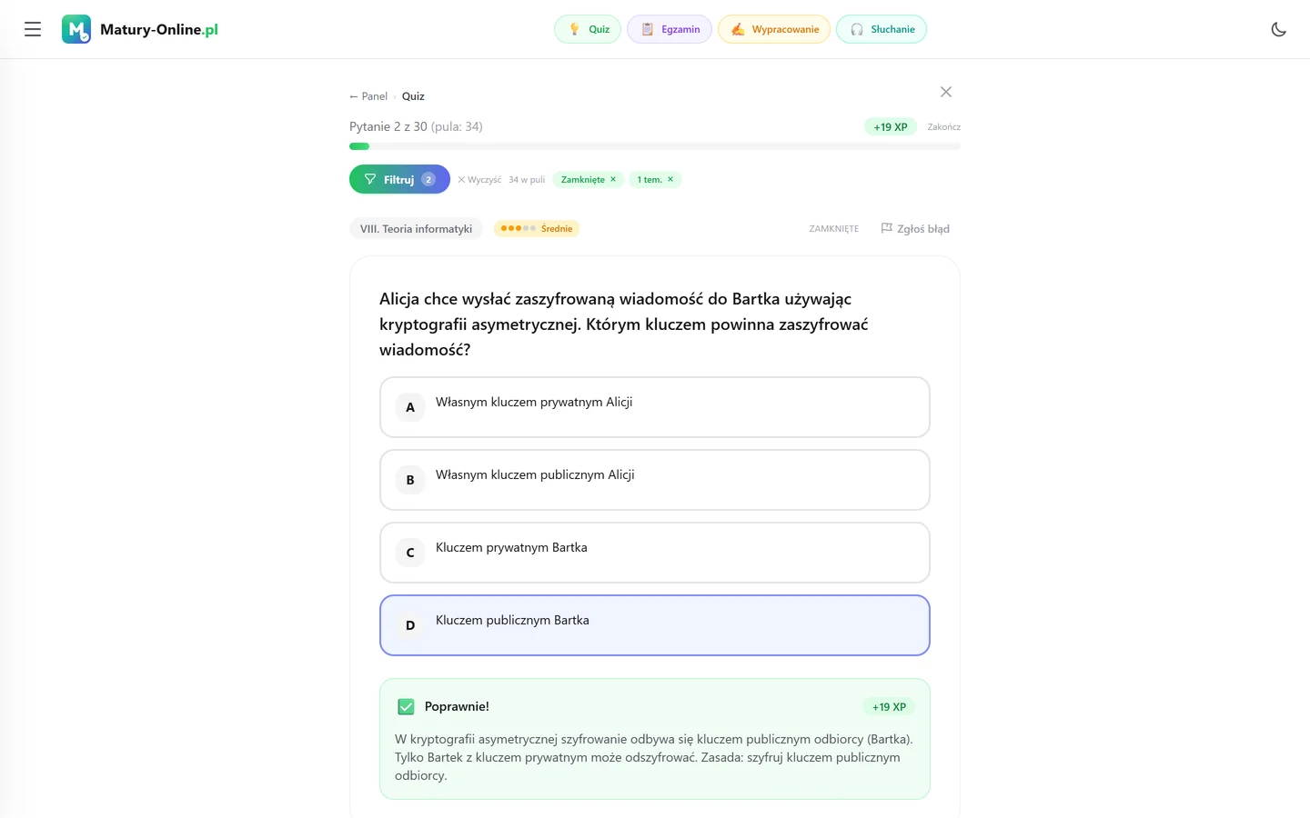 Quiz z sieci komputerowych i bezpieczeństwa w Matury Online — pytanie z tematu „Sieci komputerowe i bezpieczeństwo” po sprawdzeniu odpowiedzi, z wynikiem i wyjaśnieniem
