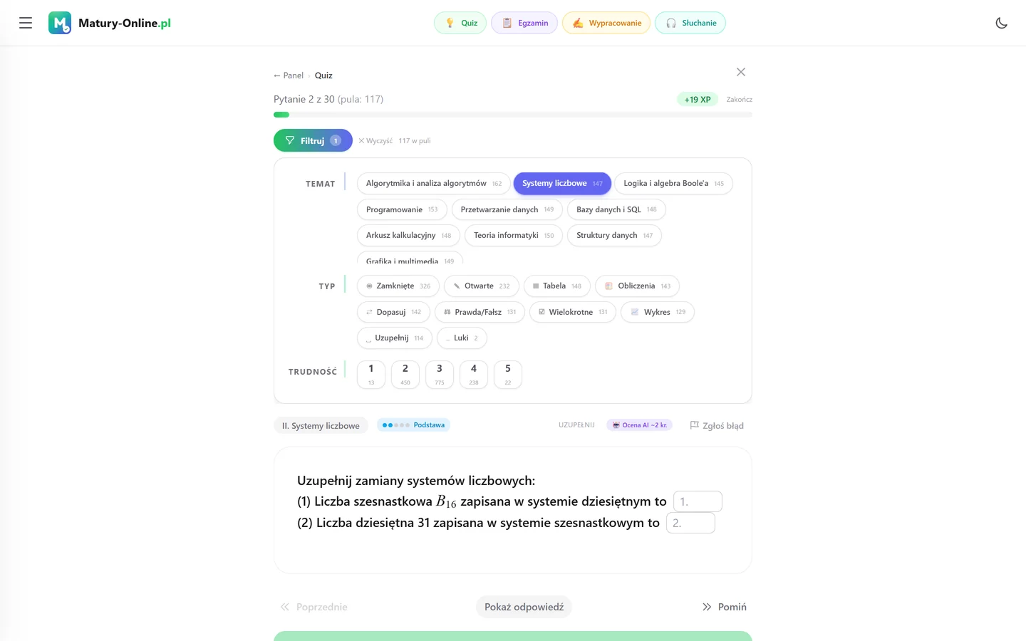 Quiz w Matury Online: panel „Filtruj” z zaznaczonym tematem „Systemy liczbowe”, pod spodem pytanie z tego tematu