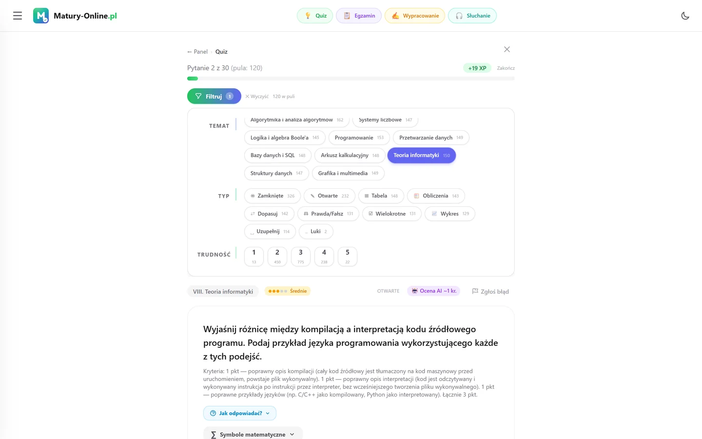 Quiz w Matury Online: panel „Filtruj” z zaznaczonym tematem „Teoria informatyki”, pod spodem pytanie z tego tematu
