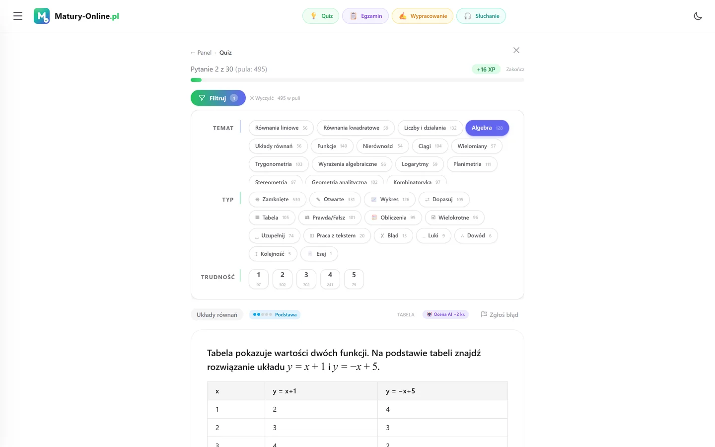 Quiz w Matury Online: panel „Filtruj” z zaznaczonym tematem „Algebra”, pod spodem pytanie z tego tematu