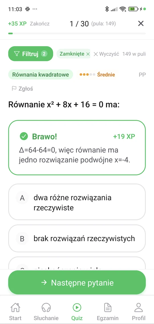 Sprawdzian z algebry w aplikacji Matury Online: pytanie z tematu „Algebra” i wyjaśnienie po odpowiedzi