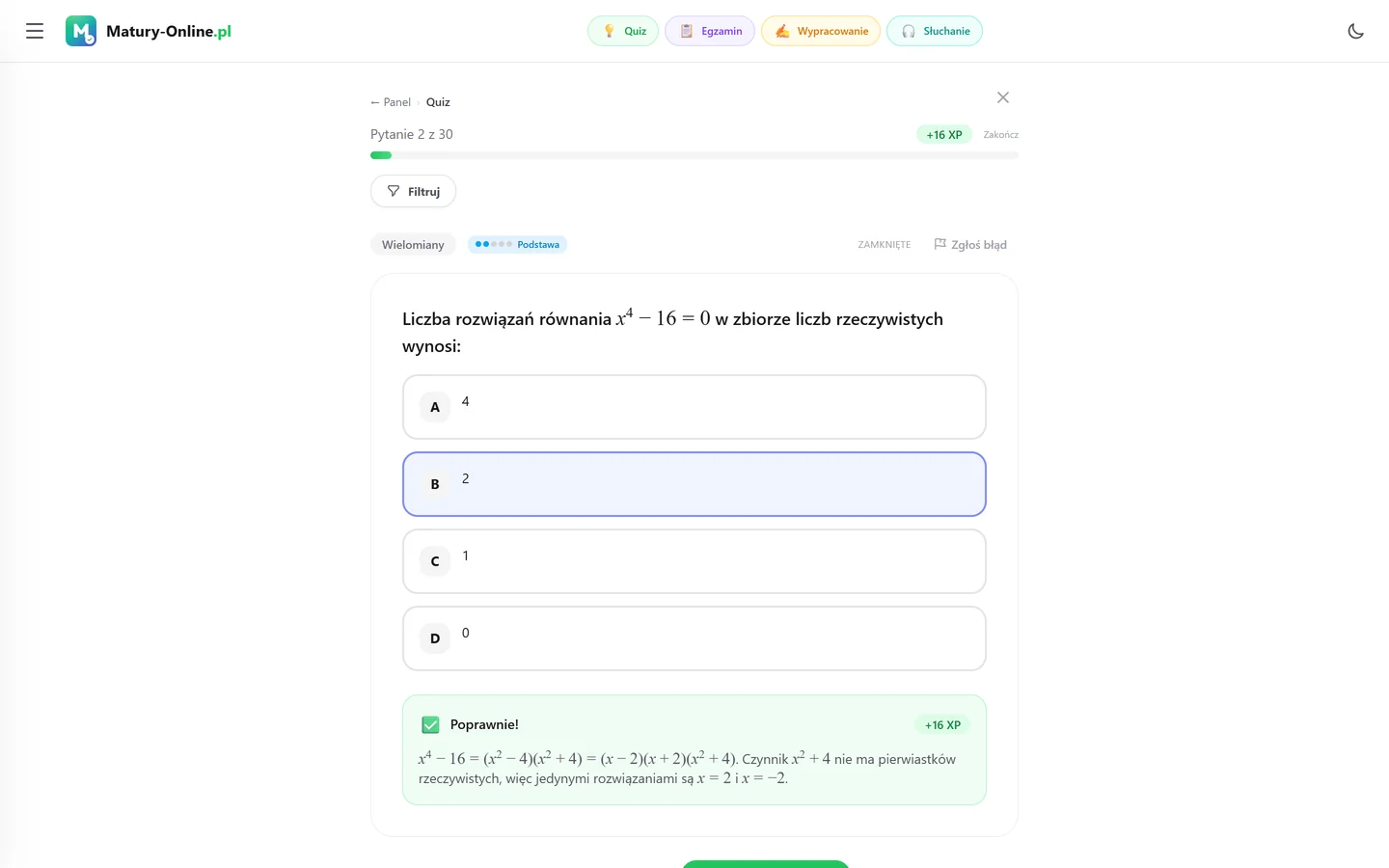 Quiz w Matury Online: pytanie z tematu „Algebra”