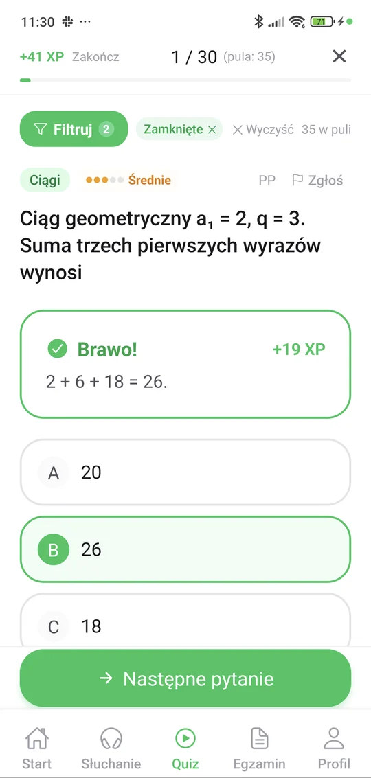 Sprawdzian z ciągów w aplikacji Matury Online: pytanie z tematu „Ciągi” i wyjaśnienie po odpowiedzi