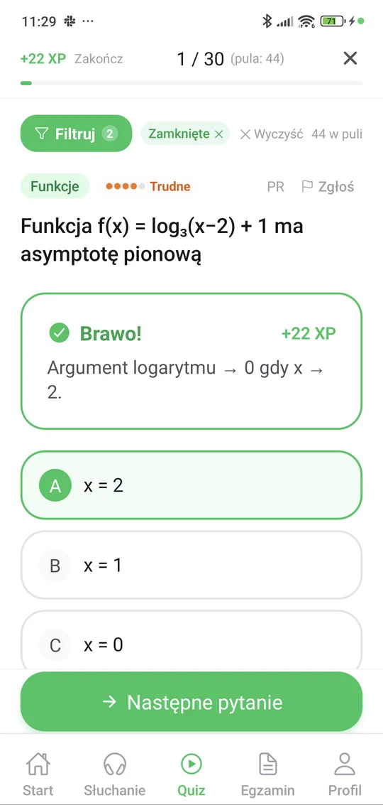 Sprawdzian z funkcji w aplikacji Matury Online: pytanie z tematu „Funkcje” i wyjaśnienie po odpowiedzi
