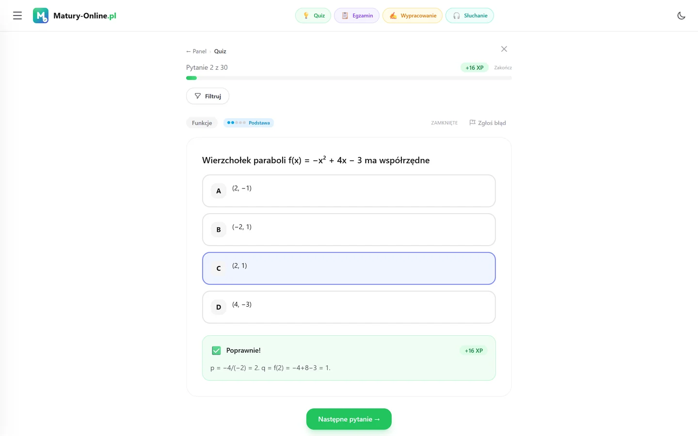 Quiz w Matury Online: pytanie z tematu „Funkcje”