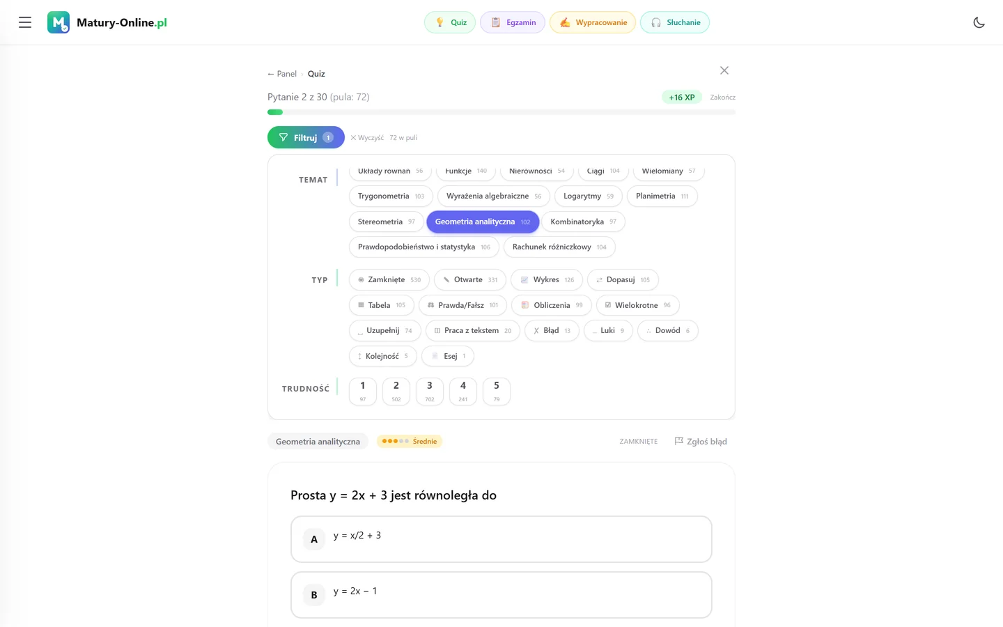 Quiz w Matury Online — panel „Filtruj” z zaznaczonym tematem „Geometria analityczna”, typy zadań i trudność 1–5, pod spodem pytanie z tego tematu
