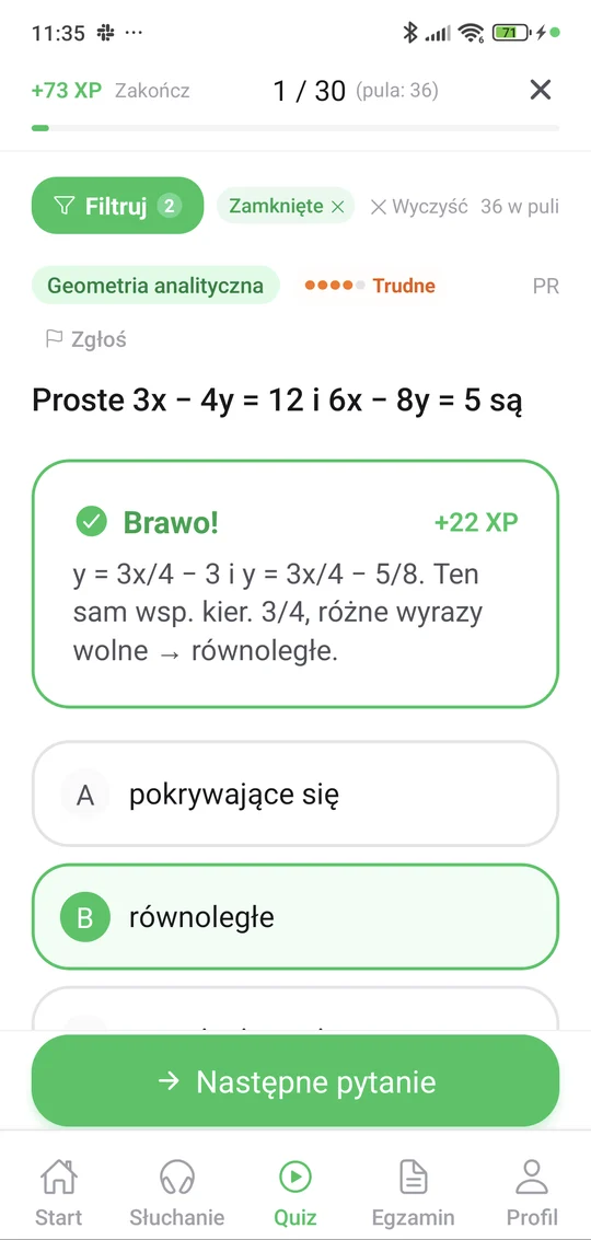 Quiz w aplikacji Matury Online — pytanie z tematu „Geometria analityczna” i wyjaśnienie po odpowiedzi