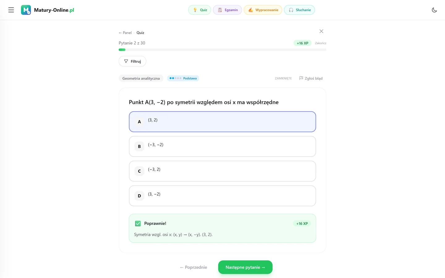 Quiz w Matury Online — pytanie z tematu „Geometria analityczna” (Matematyka) po sprawdzeniu odpowiedzi, z wynikiem i wyjaśnieniem
