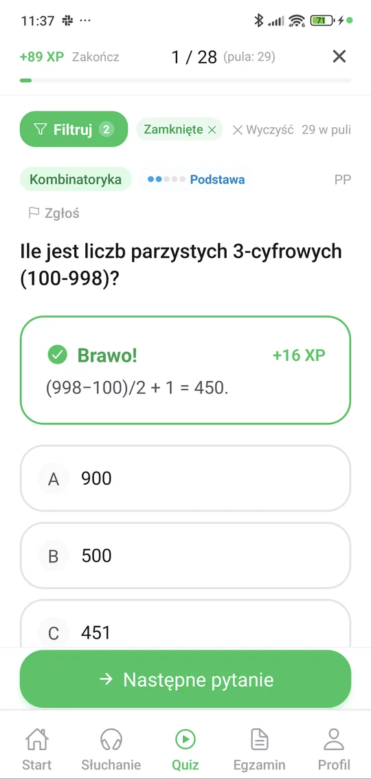 Sprawdzian z kombinatoryki w aplikacji Matury Online: pytanie z tematu „Kombinatoryka” i wyjaśnienie po odpowiedzi