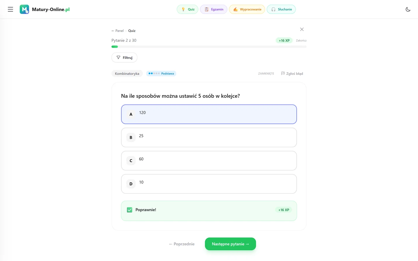Quiz w Matury Online: pytanie z tematu „Kombinatoryka”