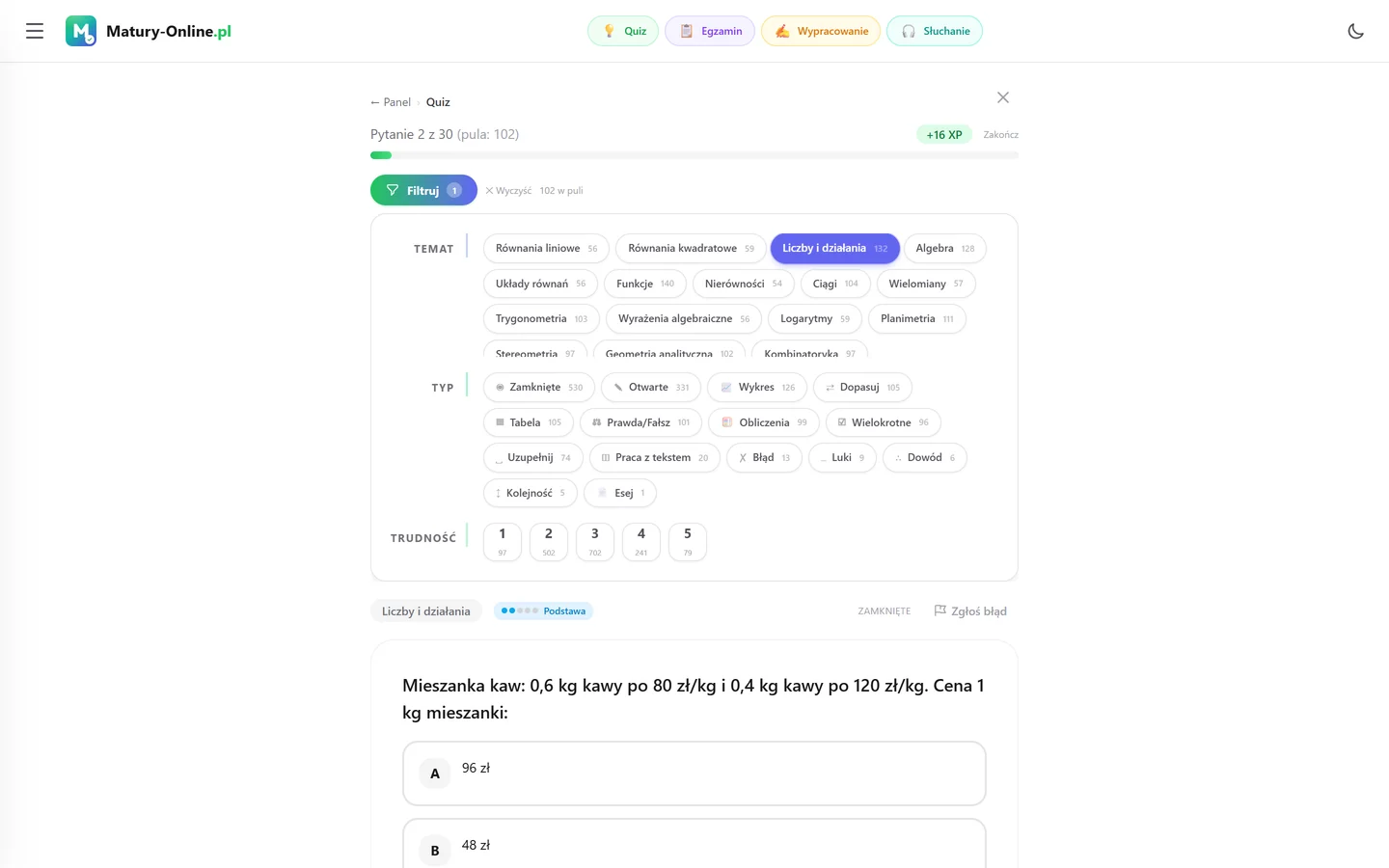 Quiz w Matury Online: panel „Filtruj” z zaznaczonym tematem „Liczby i działania”, pod spodem pytanie z tego tematu
