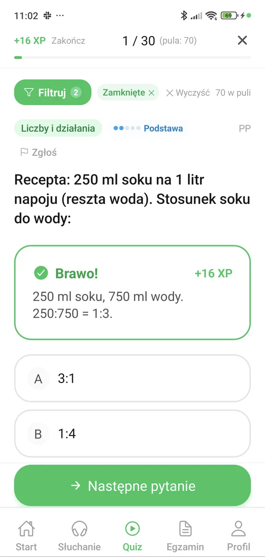 Sprawdzian z liczb i działań w aplikacji Matury Online: pytanie z tematu „Liczby i działania” i wyjaśnienie po odpowiedzi
