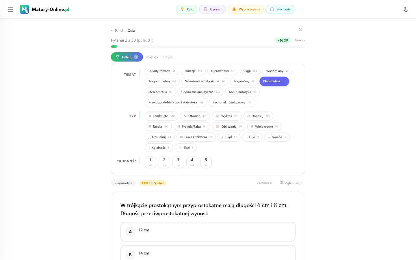 Quiz w Matury Online: panel „Filtruj” z zaznaczonym tematem „Planimetria”, pod spodem pytanie z tego tematu