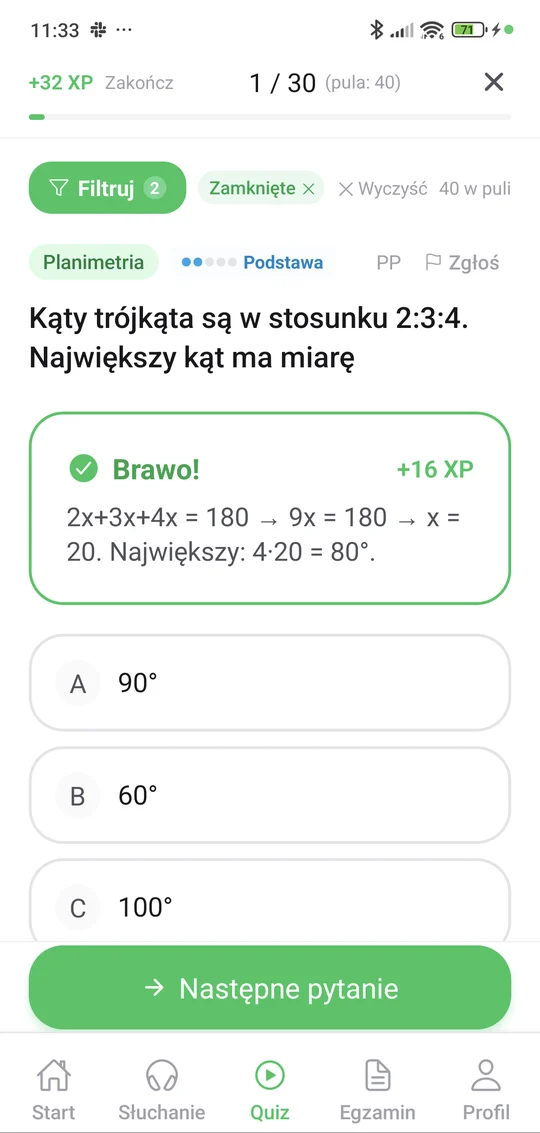 Sprawdzian z planimetrii w aplikacji Matury Online: pytanie z tematu „Planimetria” i wyjaśnienie po odpowiedzi