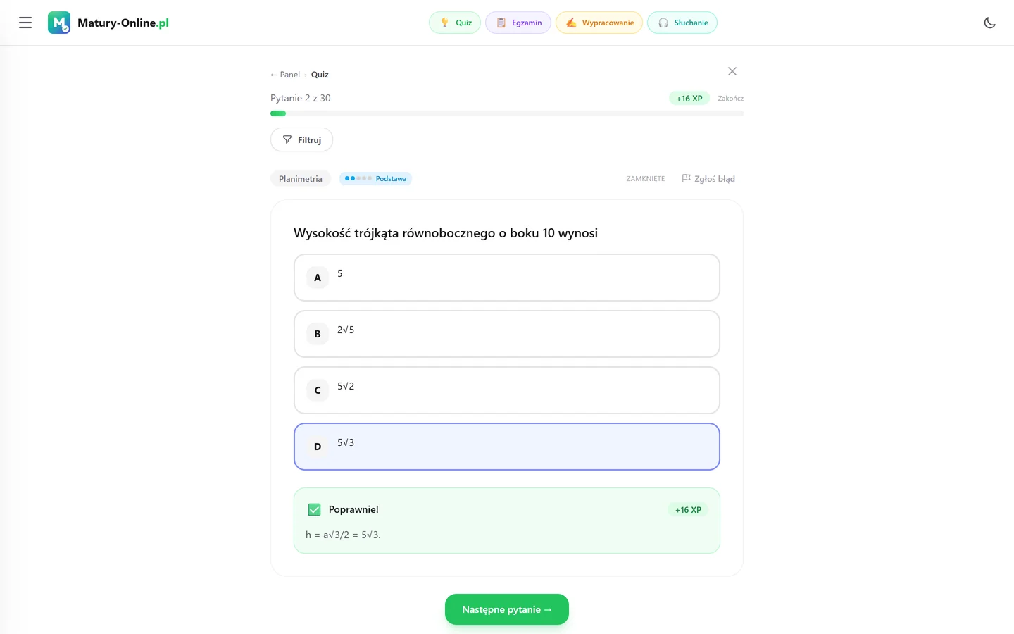 Quiz w Matury Online: pytanie z tematu „Planimetria”
