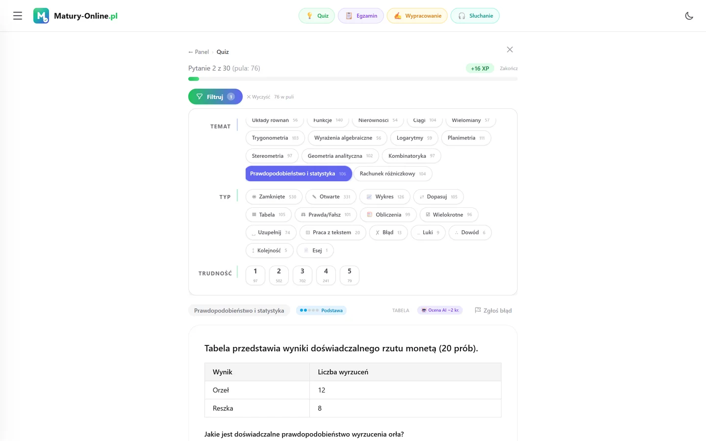 Quiz w Matury Online: panel „Filtruj” z zaznaczonym tematem „Prawdopodobieństwo i statystyka”, pod spodem pytanie z tego tematu