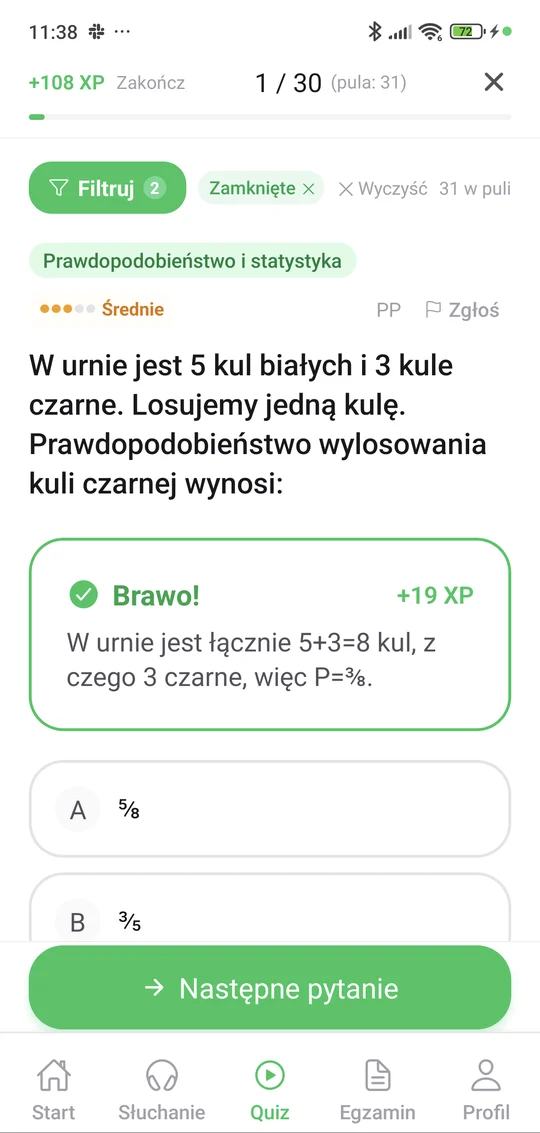 Sprawdzian z prawdopodobieństwa i statystyki w aplikacji Matury Online: pytanie z tematu „Prawdopodobieństwo i statystyka” i wyjaśnienie po odpowiedzi