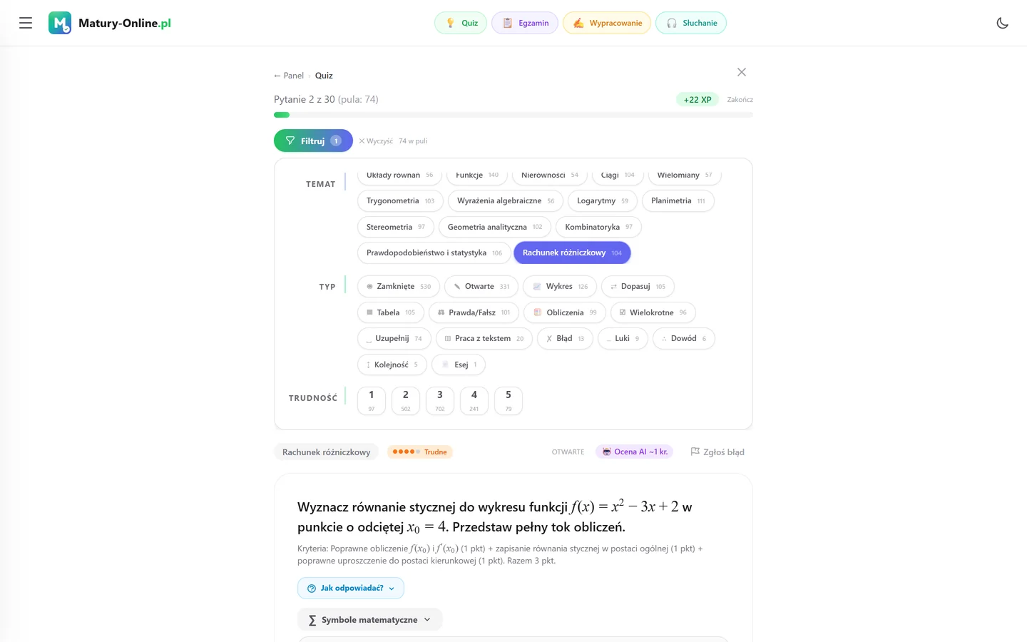Quiz w Matury Online: panel „Filtruj” z zaznaczonym tematem „Rachunek różniczkowy”, pod spodem pytanie z tego tematu