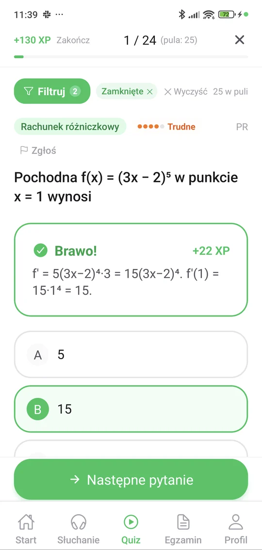 Sprawdzian z rachunku różniczkowego w aplikacji Matury Online: pytanie z tematu „Rachunek różniczkowy” i wyjaśnienie po odpowiedzi