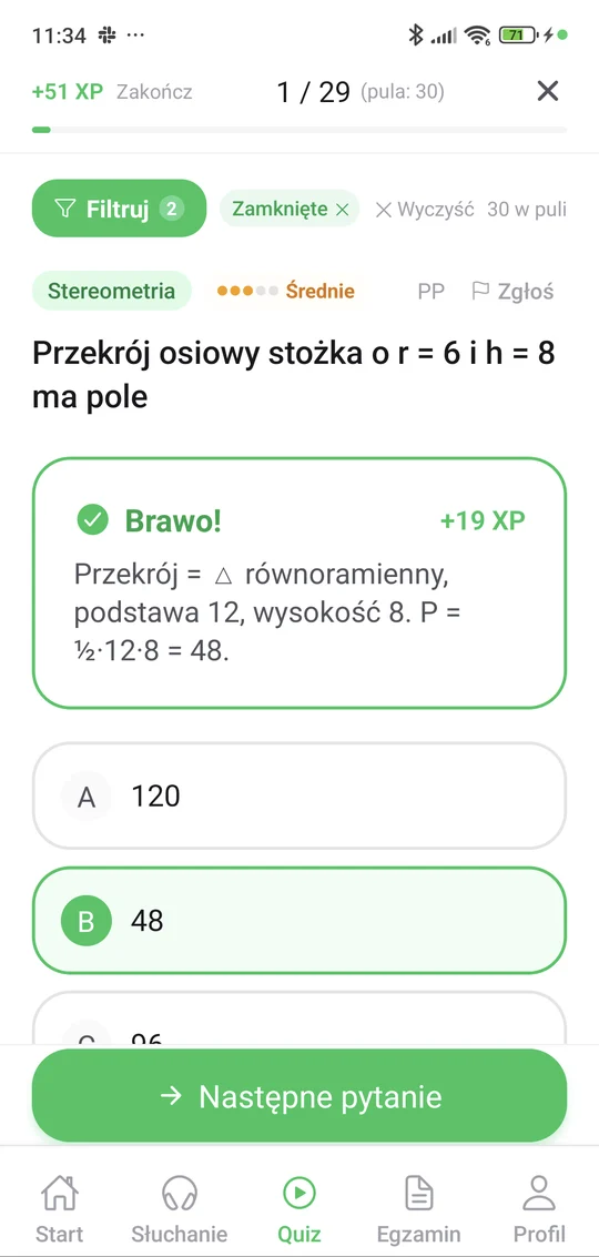 Sprawdzian ze stereometrii w aplikacji Matury Online: pytanie z tematu „Stereometria” i wyjaśnienie po odpowiedzi