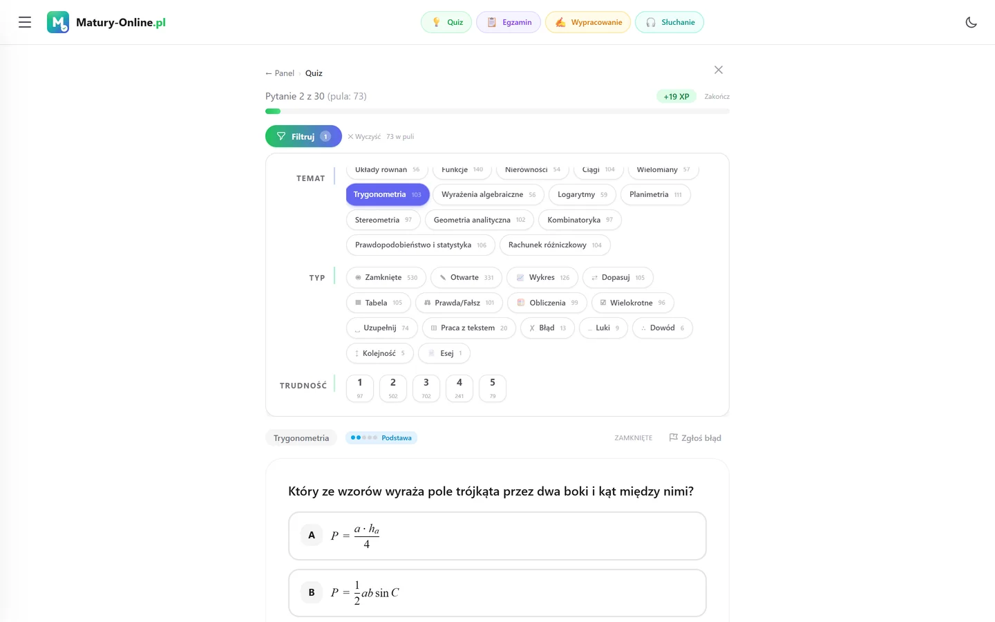 Quiz w Matury Online: panel „Filtruj” z zaznaczonym tematem „Trygonometria”, pod spodem pytanie z tego tematu