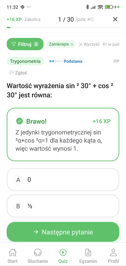 Sprawdzian z trygonometrii w aplikacji Matury Online: pytanie z tematu „Trygonometria” i wyjaśnienie po odpowiedzi