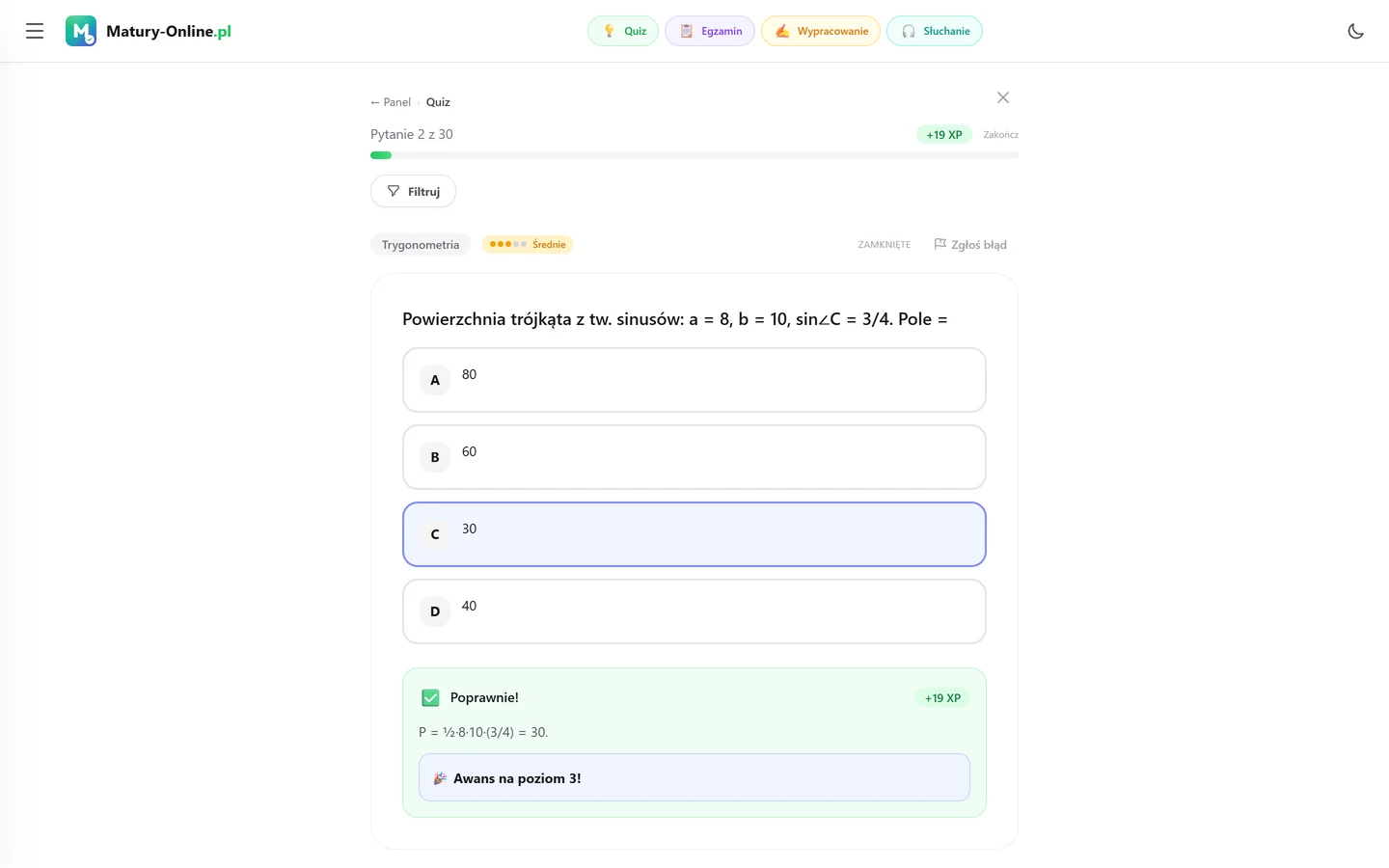 Quiz w Matury Online: pytanie z tematu „Trygonometria”