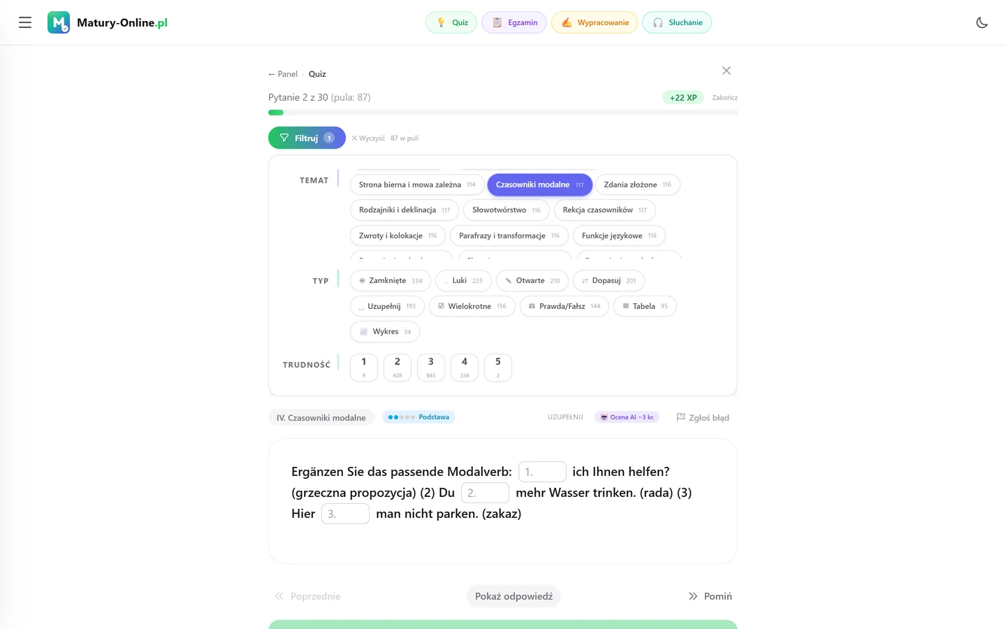 Quiz w Matury Online: panel „Filtruj” z zaznaczonym tematem „Czasowniki modalne”, pod spodem pytanie z tego tematu