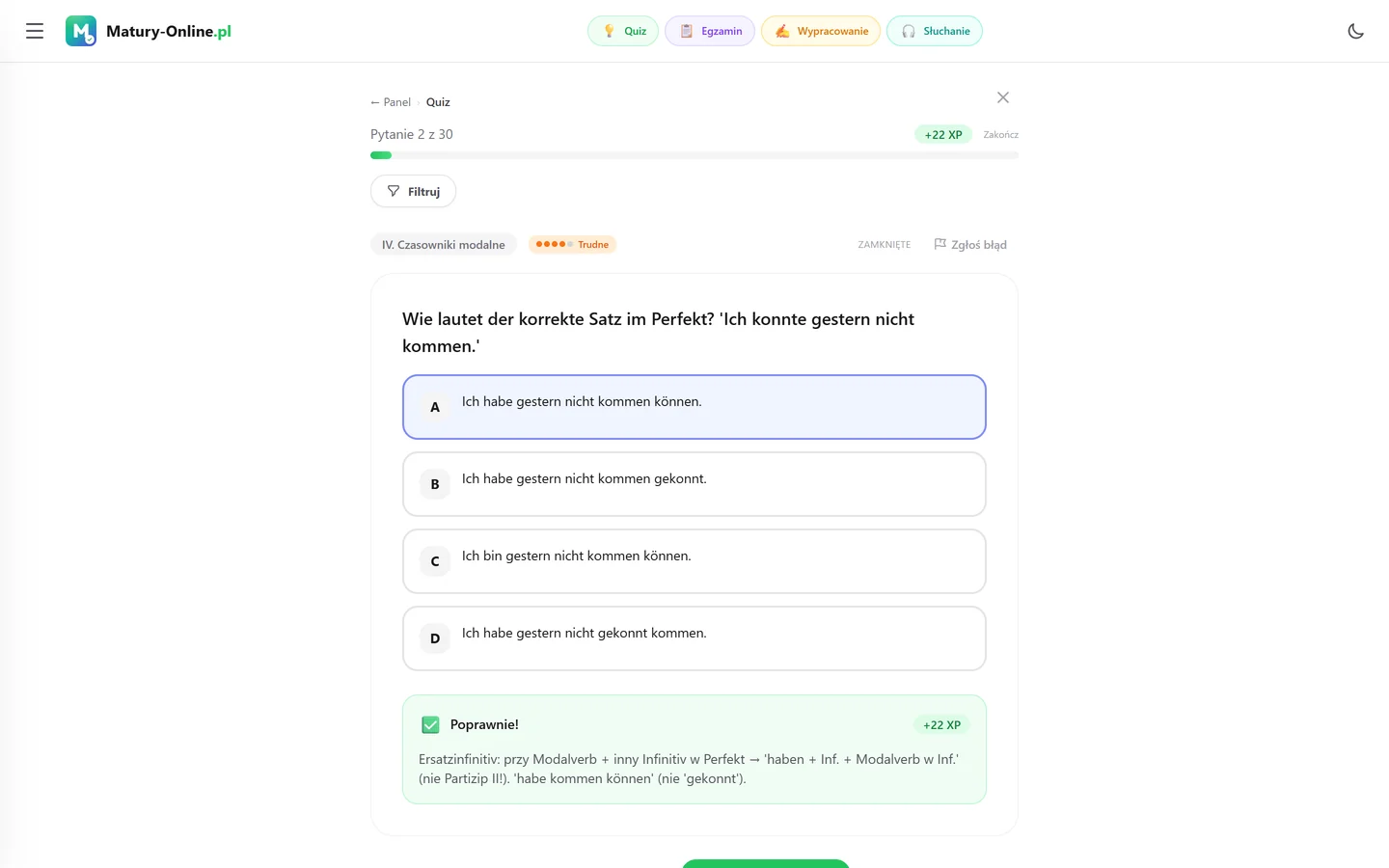 Quiz w Matury Online: pytanie z tematu „Czasowniki modalne”