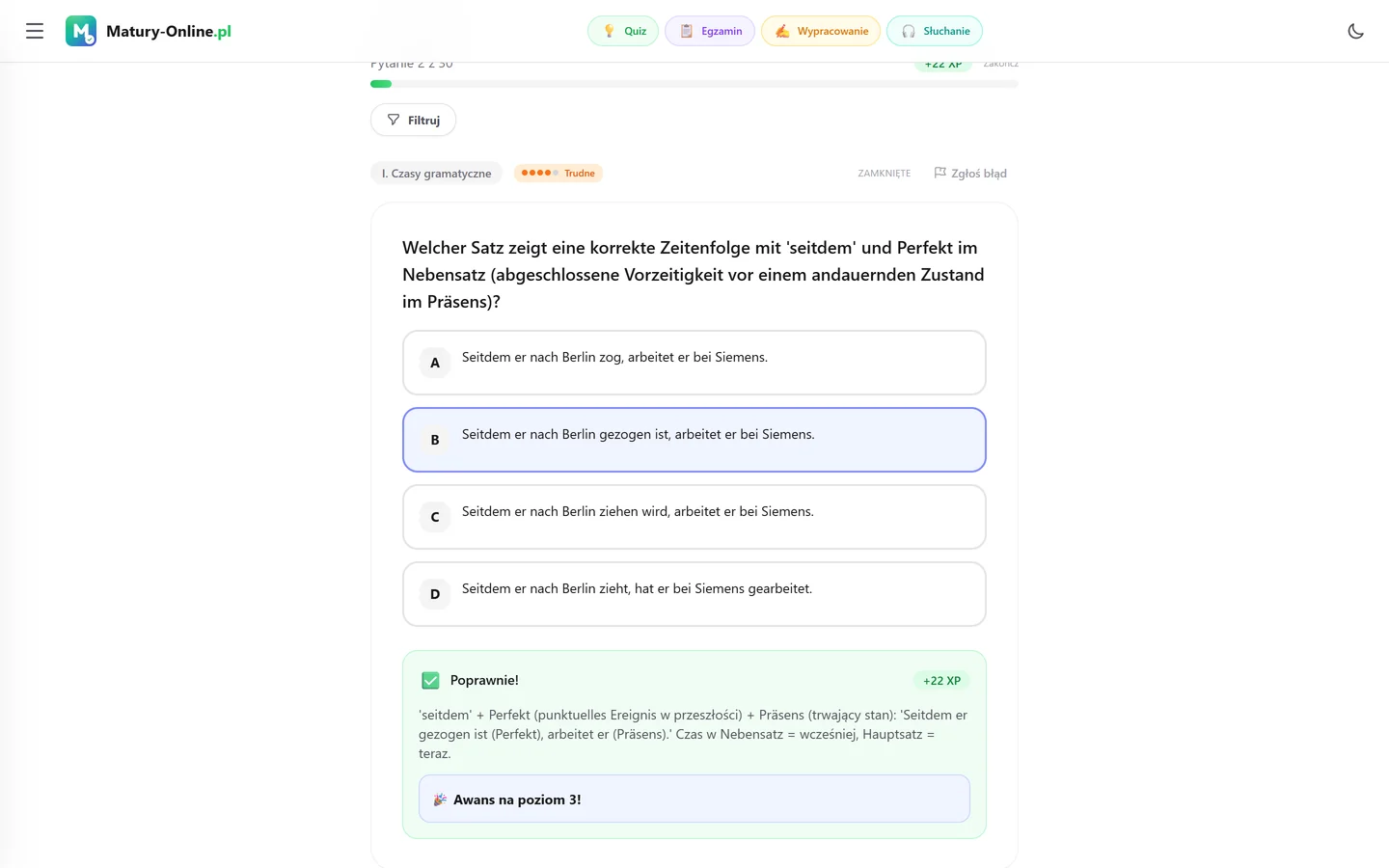 Quiz w Matury Online: pytanie z tematu „Czasy gramatyczne”