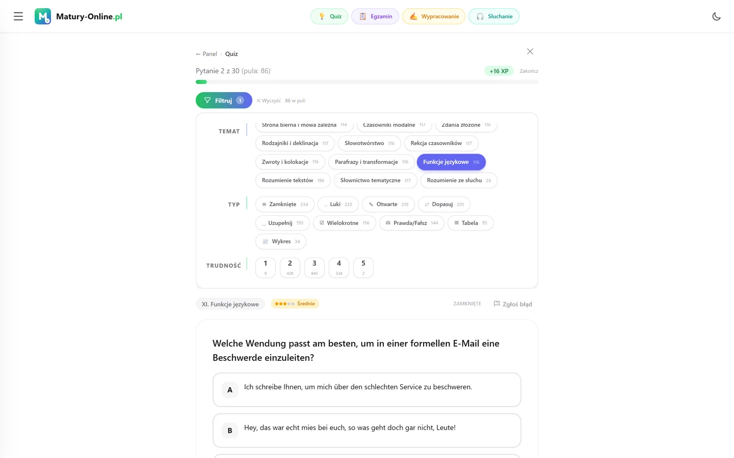 Quiz w Matury Online: panel „Filtruj” z zaznaczonym tematem „Funkcje językowe”, pod spodem pytanie z tego tematu