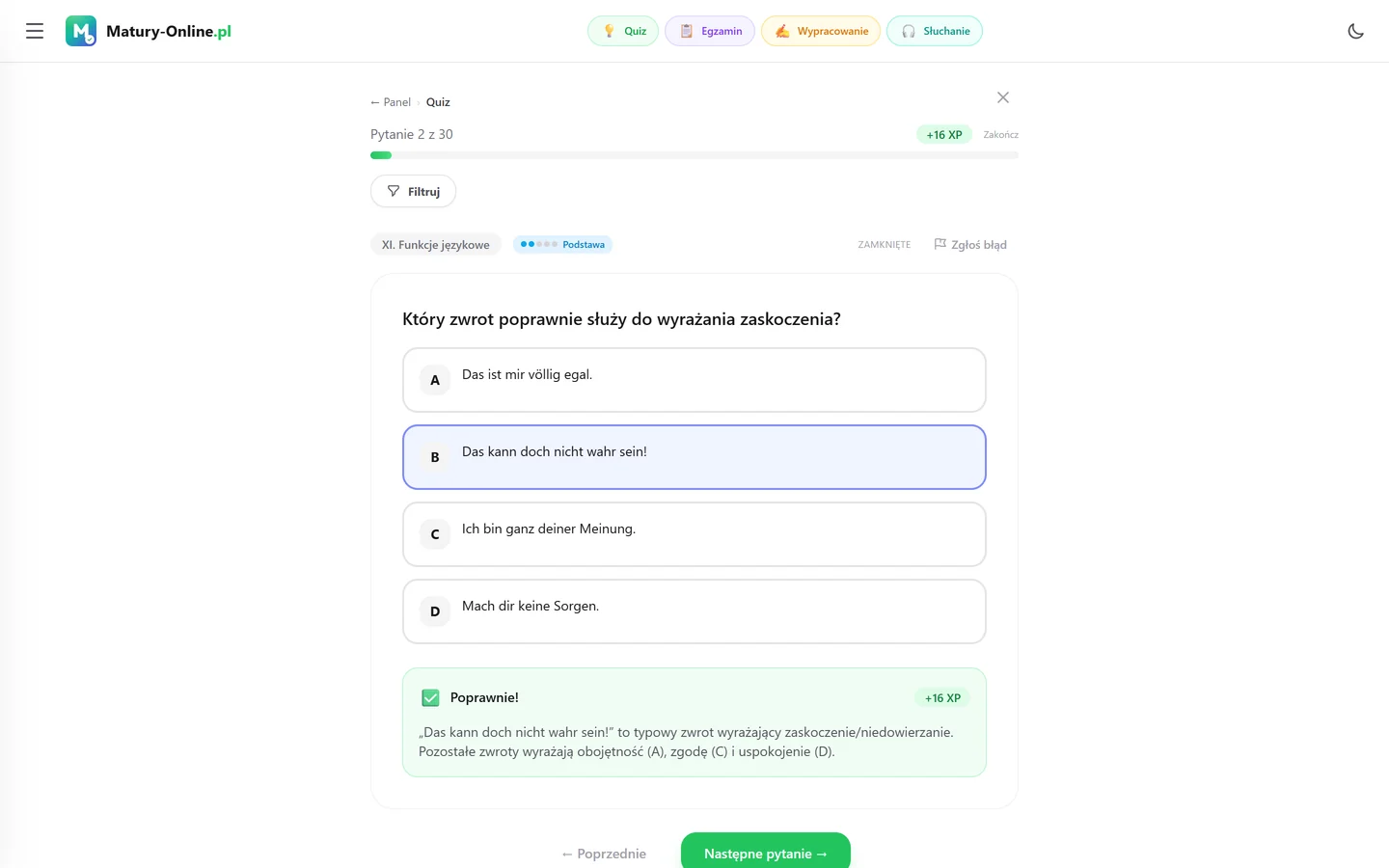 Quiz w Matury Online: pytanie z tematu „Funkcje językowe”