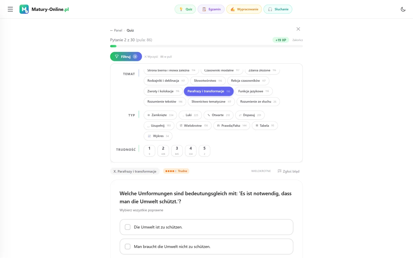 Quiz w Matury Online: panel „Filtruj” z zaznaczonym tematem „Parafrazy i transformacje”, pod spodem pytanie z tego tematu