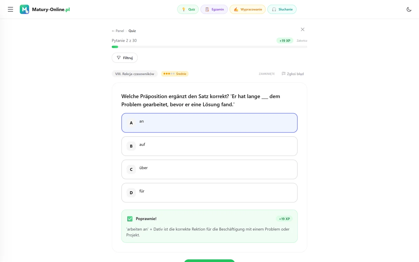 Quiz w Matury Online: pytanie z tematu „Rekcja czasowników”