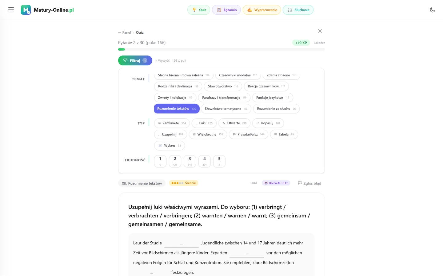 Quiz w Matury Online: panel „Filtruj” z zaznaczonym tematem „Rozumienie tekstów”, pod spodem pytanie z tego tematu