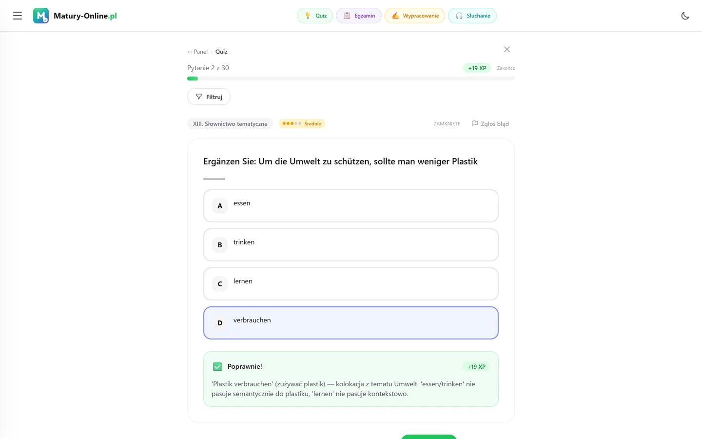 Quiz w Matury Online: pytanie z tematu „Słownictwo tematyczne”