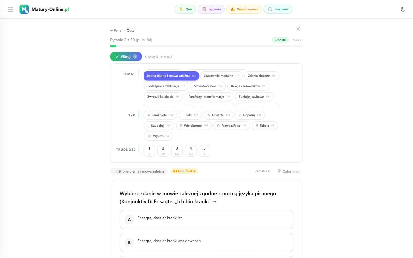 Quiz w Matury Online: panel „Filtruj” z zaznaczonym tematem „Strona bierna i mowa zależna”, pod spodem pytanie z tego tematu