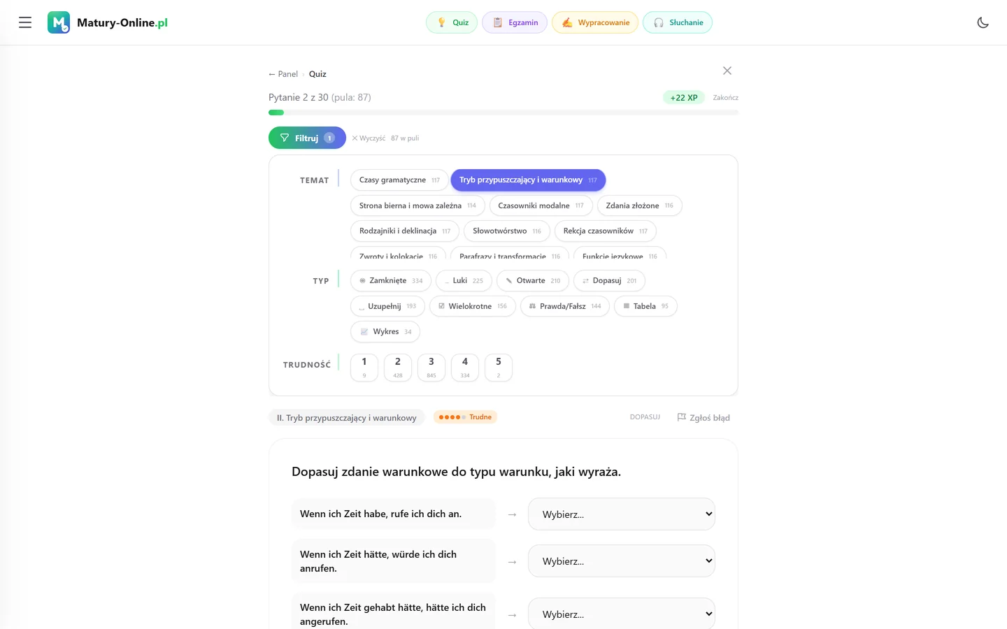 Quiz w Matury Online: panel „Filtruj” z zaznaczonym tematem „Tryb przypuszczający i warunkowy”, pod spodem pytanie z tego tematu