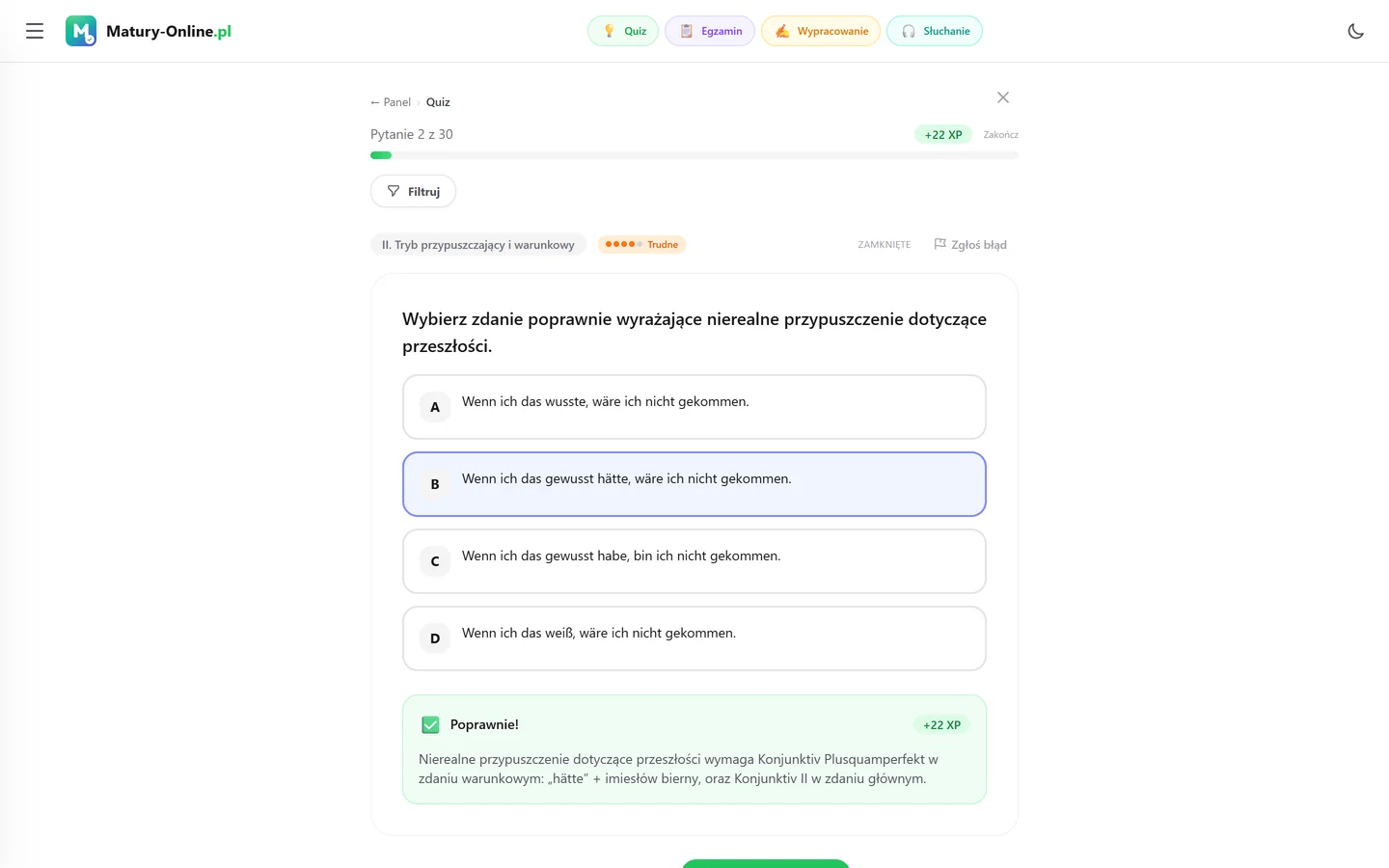 Quiz w Matury Online: pytanie z tematu „Tryb przypuszczający i warunkowy”