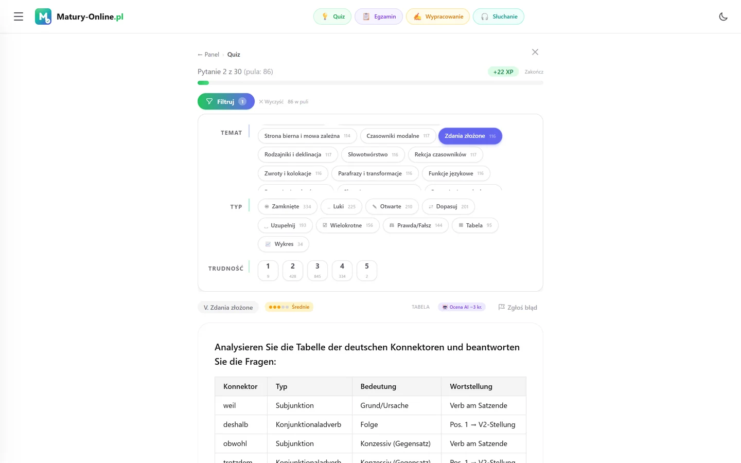 Quiz w Matury Online: panel „Filtruj” z zaznaczonym tematem „Zdania złożone”, pod spodem pytanie z tego tematu
