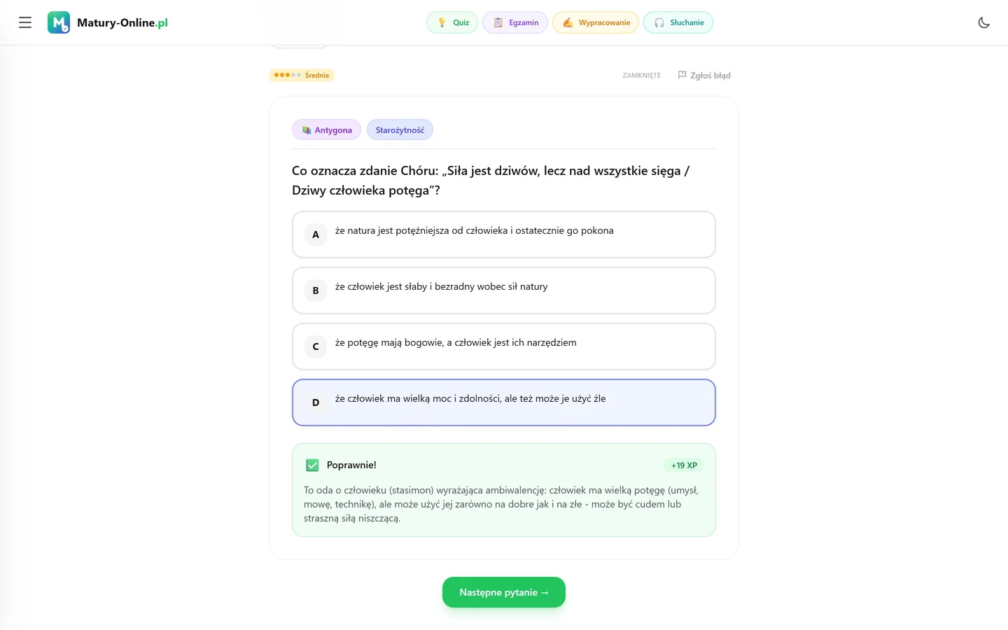 Quiz w Matury Online: pytanie z tematu „Antygona”