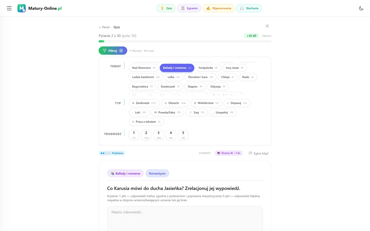 Quiz w Matury Online: panel „Filtruj” z zaznaczonym tematem „Ballady i romanse”, pod spodem pytanie z tego tematu