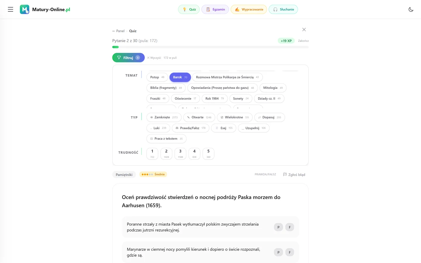 Quiz w Matury Online: panel „Filtruj” z zaznaczonym tematem „Barok”, pod spodem pytanie z tego tematu