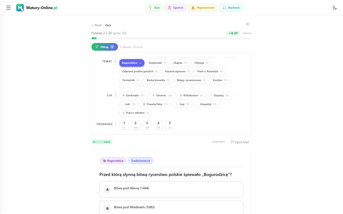 Quiz w Matury Online: panel „Filtruj” z zaznaczonym tematem „Bogurodzica”, pod spodem pytanie z tego tematu
