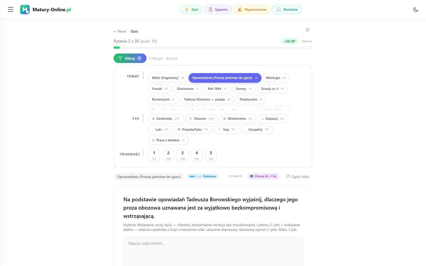 Quiz w Matury Online: panel „Filtruj” z zaznaczonym tematem „Opowiadania Borowskiego”, pod spodem pytanie z tego tematu