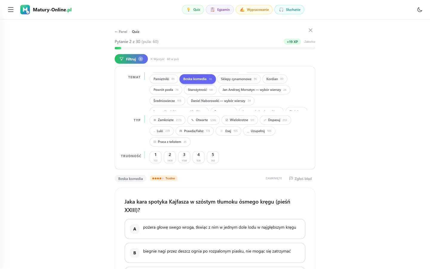 Quiz w Matury Online: panel „Filtruj” z zaznaczonym tematem „Boska komedia”, pod spodem pytanie z tego tematu