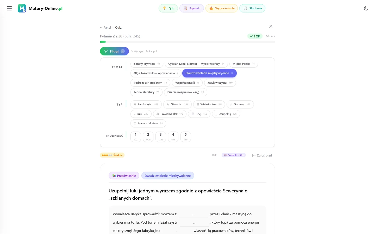 Quiz w Matury Online: panel „Filtruj” z zaznaczonym tematem „Dwudziestolecie międzywojenne”, pod spodem pytanie z tego tematu