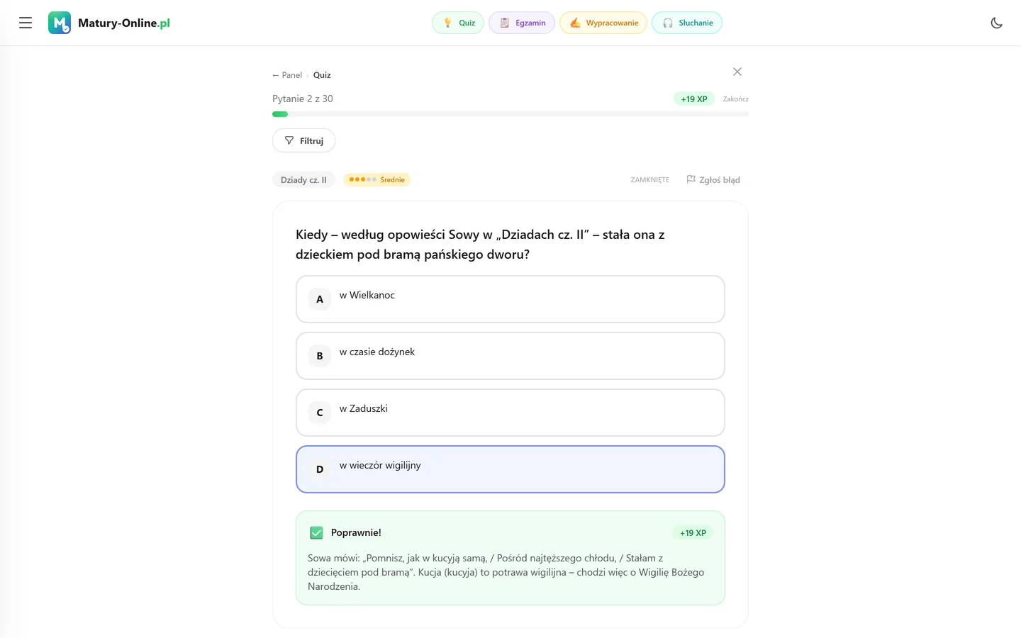 Quiz w Matury Online: pytanie z tematu „Dziady cz. II”