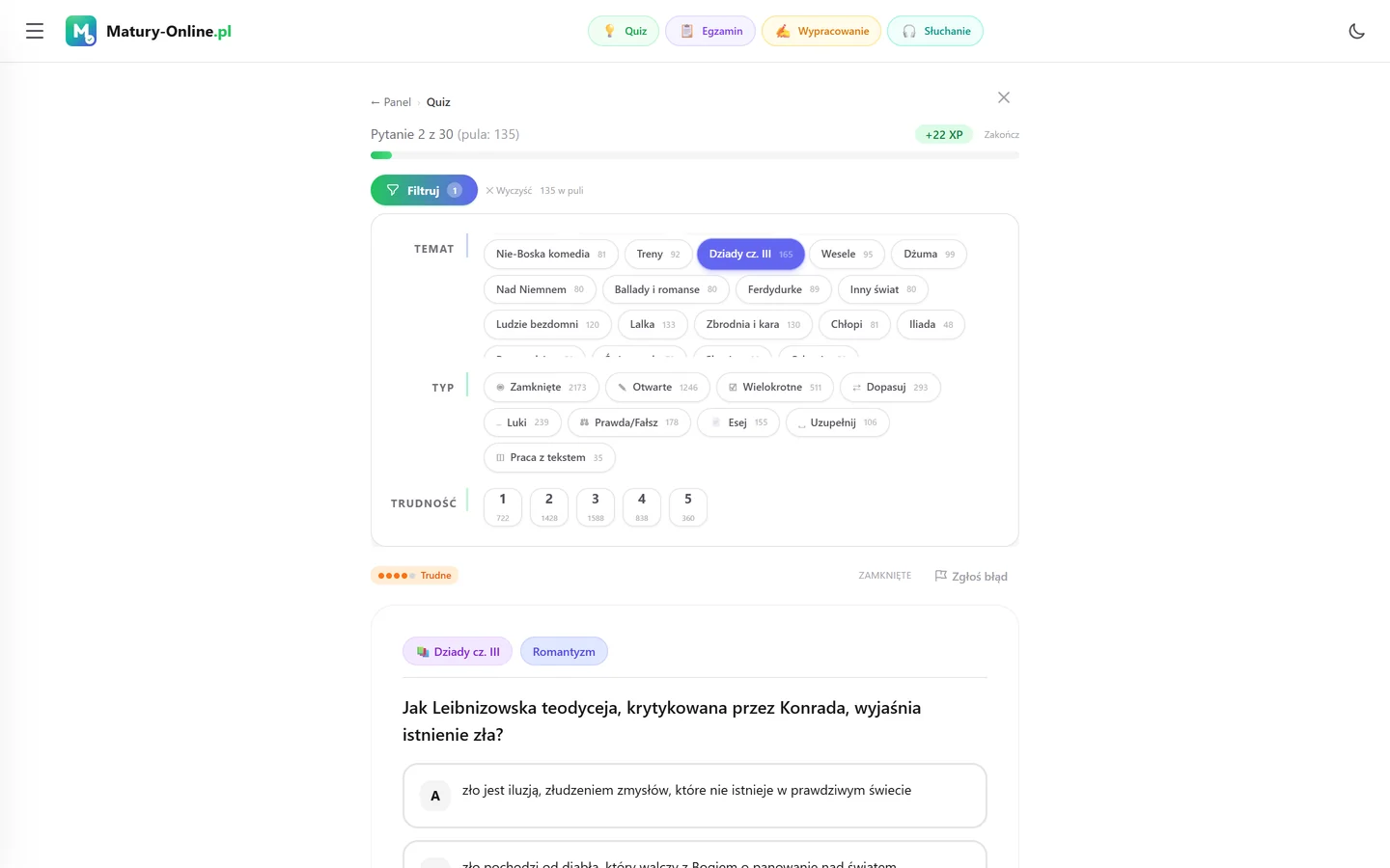 Quiz w Matury Online: panel „Filtruj” z zaznaczonym tematem „Dziady cz. III”, pod spodem pytanie z tego tematu