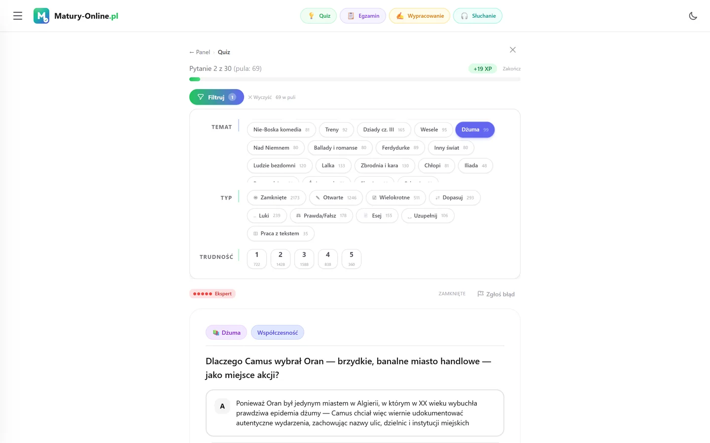 Quiz w Matury Online: panel „Filtruj” z zaznaczonym tematem „Dżuma”, pod spodem pytanie z tego tematu